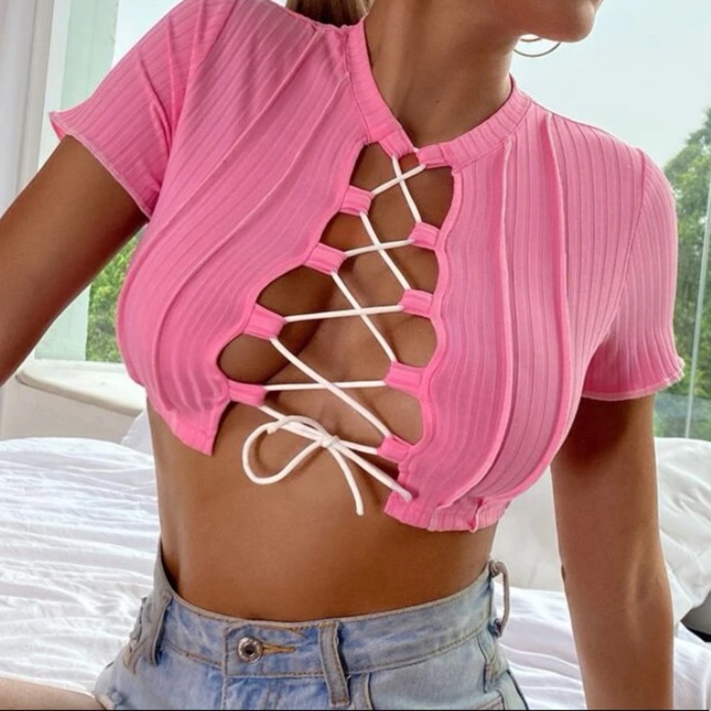 Pink Lace up Crop Top